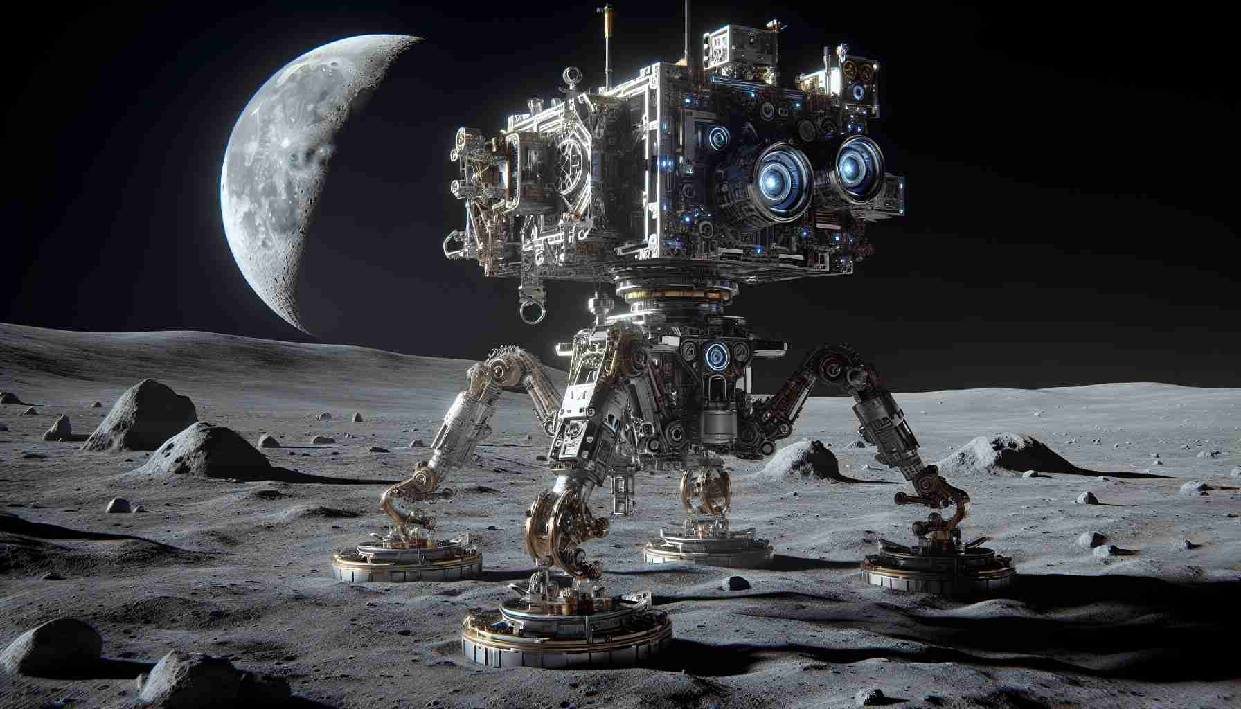 Generate a High Definition, lifelike image showcasing the revolution in Lunar exploration. Highlight the innovative robotic technology that is at the forefront of this space revolution. The scene should capture a detailed, high-tech robotic mechanism with distinct features such as articulated limbs, a robust chassis, and state-of-the-art sensory arrays, standing on the Moon's surface. The Lunar landscape should be authentically represented with craters, rock formations, and a pitch-black sky. Viewers should be able to feel the disruptive changes in Lunar exploration through the image.