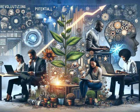 A high-definition, realistic image depicting the concept of talent growth in the context of the digital age. There is a mix of both traditional and modern elements present. A group of diverse individuals is shown; a Hispanic woman is seen on a computer, brushing up on her digital skills, a Black man is seen with a digital tablet drawing an innovative design, a Caucasian man studying a data analysis report, and a South Asian woman is developing a program on her laptop. They are all in a room filled with technological equipment and symbols of growth like plant motifs, reflecting the 'Revolutionizing Potential'.