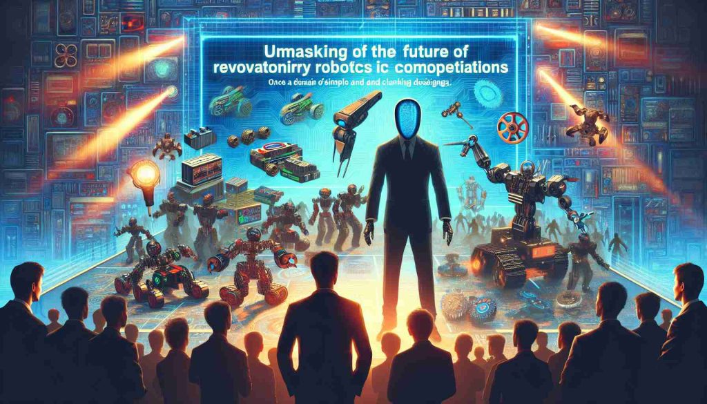 Generate an image that illustrates a futuristic concept of robotics competitions. Once a domain of simple and clunky designs, the competitions have now evolved technologically and strategically. Capture the scene where unidentified vendors are introducing revolutionary VEX products. They may include unique robotics parts, novel tools, and advanced software solutions. The scene should have a strong sense of progress and innovation, encapsulating the unmasking of the future of robotics competitions.