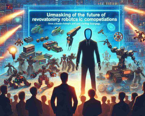 Generate an image that illustrates a futuristic concept of robotics competitions. Once a domain of simple and clunky designs, the competitions have now evolved technologically and strategically. Capture the scene where unidentified vendors are introducing revolutionary VEX products. They may include unique robotics parts, novel tools, and advanced software solutions. The scene should have a strong sense of progress and innovation, encapsulating the unmasking of the future of robotics competitions.