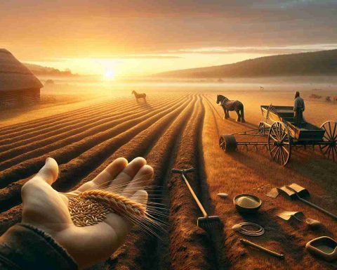 Create a photorealistic image depicting the dawn of agriculture in high-definition. Capture a scene of farmland during sunrise, where the warm tones of dawn paints the cultivated fields with a promise of robust harvest. The imagery should reflect a sense of innovation in agriculture with elements such as a hand specimen of grain, a polished animal-drawn plow, earth turned furrows indicating a newly plowed field, and perhaps a scattering of basic primitive tools suggesting that this is a remarkable transition towards revolutionizing farming from foraging.