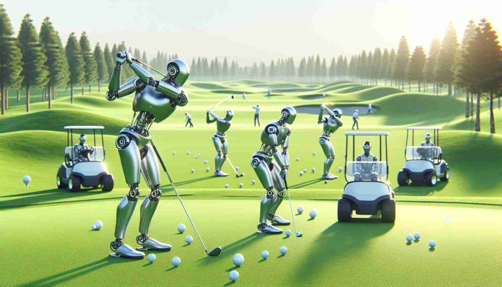 Create a hyper-realistic high-definition image depicting a futuristic scene at a lush green golf course where golfing robots with silver metallic bodies are busily engaged in their tasks. Their movements are precise, smooth, and efficient. A few robots are swinging their golf-clubs with mechanical precision, launching golf balls straight into the distant holes, while some are programmed to retrieve the golf balls and clean the golf field. This is an idyllic, sunny day with real golfers observing them with fascination and intrigue, pondering over the future of the golf.