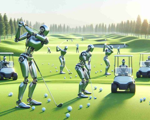 Create a hyper-realistic high-definition image depicting a futuristic scene at a lush green golf course where golfing robots with silver metallic bodies are busily engaged in their tasks. Their movements are precise, smooth, and efficient. A few robots are swinging their golf-clubs with mechanical precision, launching golf balls straight into the distant holes, while some are programmed to retrieve the golf balls and clean the golf field. This is an idyllic, sunny day with real golfers observing them with fascination and intrigue, pondering over the future of the golf.