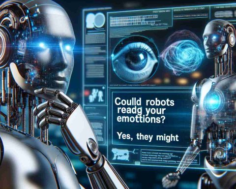 produce a high-definition, realistic image that signifies the concept of advanced robots being capable of reading human emotions. The image could contain elements such as futuristic robots interacting with humans and showing understanding of their emotional states. Include text in the picture as well saying 'Could Robots Soon Read Your Emotions? Yes, They Might'