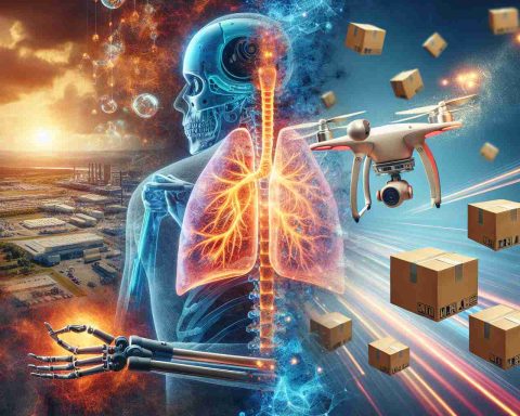 Create a realistic, high-definition image that symbolizes a significant merger in the robotics industry, with profound effects on healthcare and logistics sectors. The image should suggest an intriguing future with potential surges in innovation. It might showcase robotic arms working precisely on a medical task alongside drones delivering packages efficiently. The blend represents the future expectations from the merger.