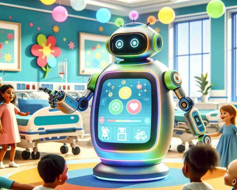 Realistic HD illustration of a groundbreaking scene in pediatric care. Depict a detailed image of a technologically advanced robot in a colorful children's hospital room. The robot should embody elements of joy and cheerfulness, such as a rounded design, vibrant colors, and friendly eyes. Offer elements that suggest interactive features like a touchscreen interface or appendages designed for tasks like picking up toys. Include children of various descents and genders, joyfully interacting with the robot, communicating a sense of healing and comfort.