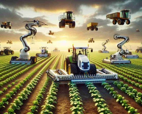 A high-definition, realistic depiction of the future of agriculture involving autonomous robots. The scene contains various new agricultural technologies. There are autonomous farming machinery, like self-driving tractors, and robot arms for harvesting. These machines are in a vast farming field, working diligently, with crops of diverse sorts surrounding them. Displaying the possibilities of future technology combined with agriculture, exemplifying the revolution in farming. The sky above demonstrates time progression with a setting sun, marking an end to a productive day of autonomous farming.