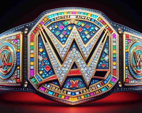 Generate a photo-realistic image in high definition, showcasing a digital transformation of traditional WWE Raw Tag Team wrestling titles. Imagine these championship belts being represented in an impressive digital format, glittering with vibrant colors and intricate designs. The view should convey the sense of these virtual trophies reigning supreme in the world of digital wrestling.