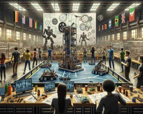 An HD illustration conceived with realism, depicting a thrilling scenario which is yet to unfold. The scene centers on a local robotics team gearing up to face their challengers in an imminent championship. The team consists of a diverse group of individuals with an equal mix of genders and descents including Caucasian, Hispanic, Black, Middle-Eastern, and South Asian. The workshop in the backdrop is filled with countless mechanical components, blueprints, and robotic models. Anticipation and eagerness to compete are written all over their faces as they test their robots.