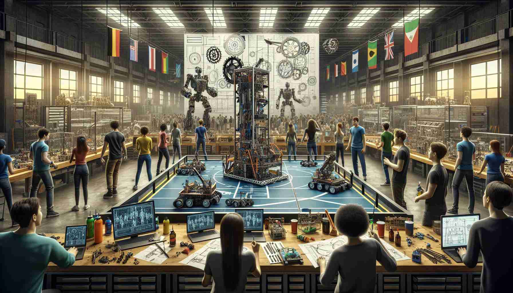 An HD illustration conceived with realism, depicting a thrilling scenario which is yet to unfold. The scene centers on a local robotics team gearing up to face their challengers in an imminent championship. The team consists of a diverse group of individuals with an equal mix of genders and descents including Caucasian, Hispanic, Black, Middle-Eastern, and South Asian. The workshop in the backdrop is filled with countless mechanical components, blueprints, and robotic models. Anticipation and eagerness to compete are written all over their faces as they test their robots.