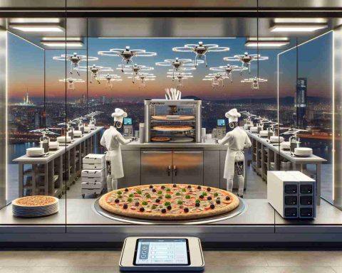 A high-definition realistic image showcasing the future of pizza delivery! A generic pizza chain in Turkey employing artificial intelligence for quicker service, featuring a fully automated kitchen system with robot chefs neatly arranging a large pizza with diverse, drool-worthy toppings on a rotating platform. There's a sleek tablet on the side displaying a delivery tracking software. Outside the transparent glass window, a fleet of drones is ready on a launchpad, each attached to a heat preserving pizza box, ready to zoom off towards the city skyline at dusk.