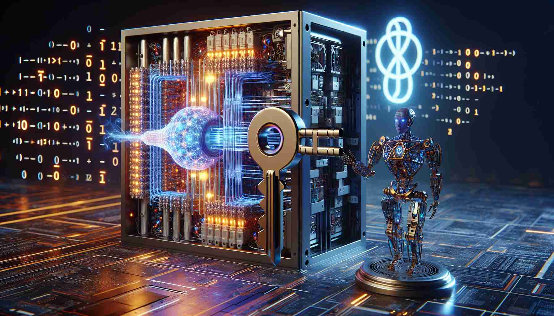 A high-definition, realistic image showing the concept of 'Unlocking the Future: How Quantum Computing is Set to Revolutionize Robotics'. Picture a scene where a large quantum computer with glowing qubits and intricate circuits is placed next to an advanced humanoid robot performing complex operations. The quantum computer is represented as a key and the robot as a lock, symbolizing the unlocking process. In the background, digital code streams representing quantum algorithms illuminate the scene, demonstrating the transformative impact of quantum computing on robotics.