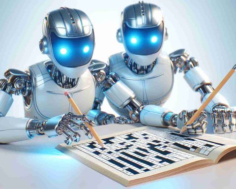 Create a high-definition, realistic image of robots engaged in solving crosswords. The robots depict a futuristic scenario, implying advanced technological development. They may be designed with shiny metallic bodies, blue LED eyes, articulated joints capable of holding pencil, and an LED screen on their body exhibit the crossword puzzles. Use a clean, futuristic setting with light tones and smooth textures to emphasize the advanced nature of this scene.