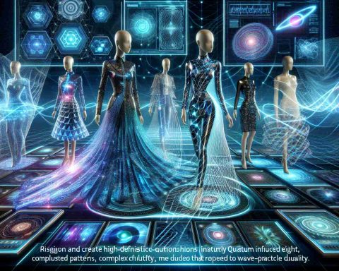 Envision and create a realistic high-definition image that embodies the fusion of Fashion and Quantum Era. Picture futuristic clothing designs heavily influenced by quantum physics. Complicated patterns, complex color schemes, holographic materials might be integrated into these innovative designs, making a path-breaking statement in the fashion industry. There could be dresses that bend light or jackets that appear to fluctify due to wave-particle duality. The backdrop is a high-tech quantum laboratory, with swirling holographic screens and mysterious, beautiful quantum hardware.