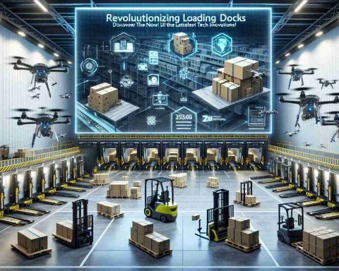 A detailed and realistic high-definition image showcasing futuristic loading docks. The image includes transformative technologies such as robotic arms sorting goods, automated drones flying around carrying packages, and self-operating forklifts with cutting-edge sensors ensuring safety. In the foreground, a large digital screen displays the words 'Revolutionizing Loading Docks: The Future is Now! Discover the Latest Tech Innovations.' This scene projects the efficiencies of contemporary logistic technologies at its best.