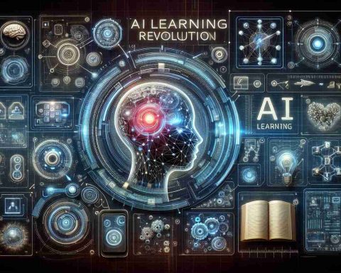 A highly detailed and realistic HD illustration that represents the concept of AI learning revolution. It features new advanced technology symbols beyond the basics, such as complex neural networks, futuristic interfaces, holographic displays and innovative devices. However, it doesn't reference specific individuals.