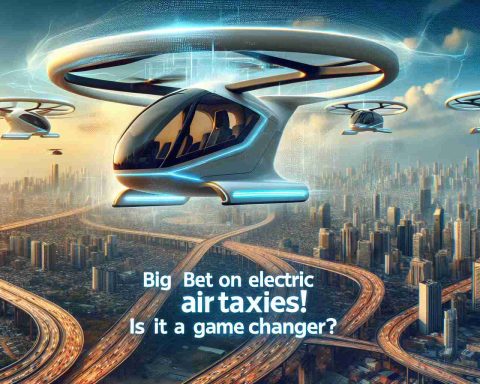 Generate a high definition, realistic image encapsulating the concept of huge investments in electric air taxis, representative of a game-changing innovation in the field of aviation. This could perhaps depict a futuristic cityscape, with cutting-edge, electric air taxis flying above, and a thriving economy visible below, suggesting a quantum leap in urban transportation due to the introduction of these advanced air taxis. For textual context, have the phrase 'Big Bet on Electric Air Taxis! Is It a Game Changer?' floating in the sky.