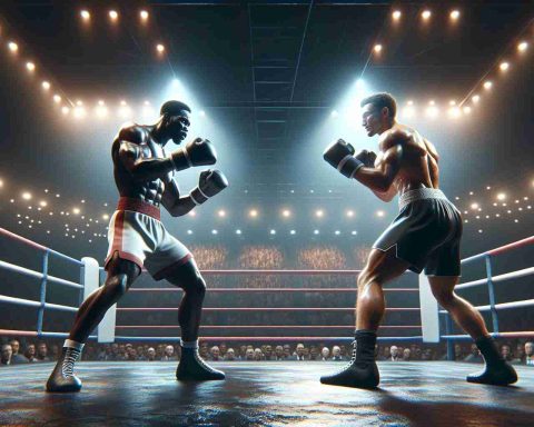 High-definition, realistic image showcasing the final round of a thrilling boxing match in an expansive ring. The scene captures two distinct male boxers: one a muscular Black man displaying raw power and the other, a compact yet agile Caucasian man with a stance embodying agility and speed. They are engaged in a fierce, fast-paced clash; eyes filled with determination and bodies radiating untamed fury, ready to make the concluding strikes. The atmosphere is laden with suspense, the audience spellbound by the breathtaking spectacle. The setting is lit with vivid lights, illuminating the adversaries and casting dramatic shadows.