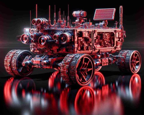 A highly detailed, high-definition image of an innovative exploration vehicle, known as the Definition Rover. This rover is displayed in a striking red color, symbolizing its role in redefining the concept of 'discovery'. Its design incorporates advanced technology that enables it to traverse complex terrains, an array of sensors for surveillance and data collection, and a resilient build for prolonged operational life in harsh environments.