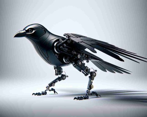 Create a realistic, high-definition image presenting a bird robot named 'RAVEN'. The robot has the ability to fly, hop, and walk. It should possess features that are evocative of a raven, such as a sleek black exterior and angular design. However, it should also contain recognizable mechanical elements. It may be shown in action, perhaps mid-flight or preparing to land.