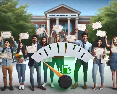 Create a hyper-realistic HD photo that represents the concept of 'College Dreams Made Accessible'. This could involve a diverse group of students, some White, some Black, some Middle-Eastern, some Hispanic, and some South Asian, both men and women, happily showing off their newly awarded scholarships, which might be represented by envelopes or certificates in their hands. Further, visualize an imaginative fuel gauge that shows full, symbolizing their fueled future. The environment around them should have a feel of a typical college campus with lush green trees and academic buildings.