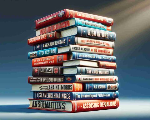 High-definition illustration of a stack of books with eye-catching titles, indicating their content to be astounding revelations from the memoirs of unidentified public figures.