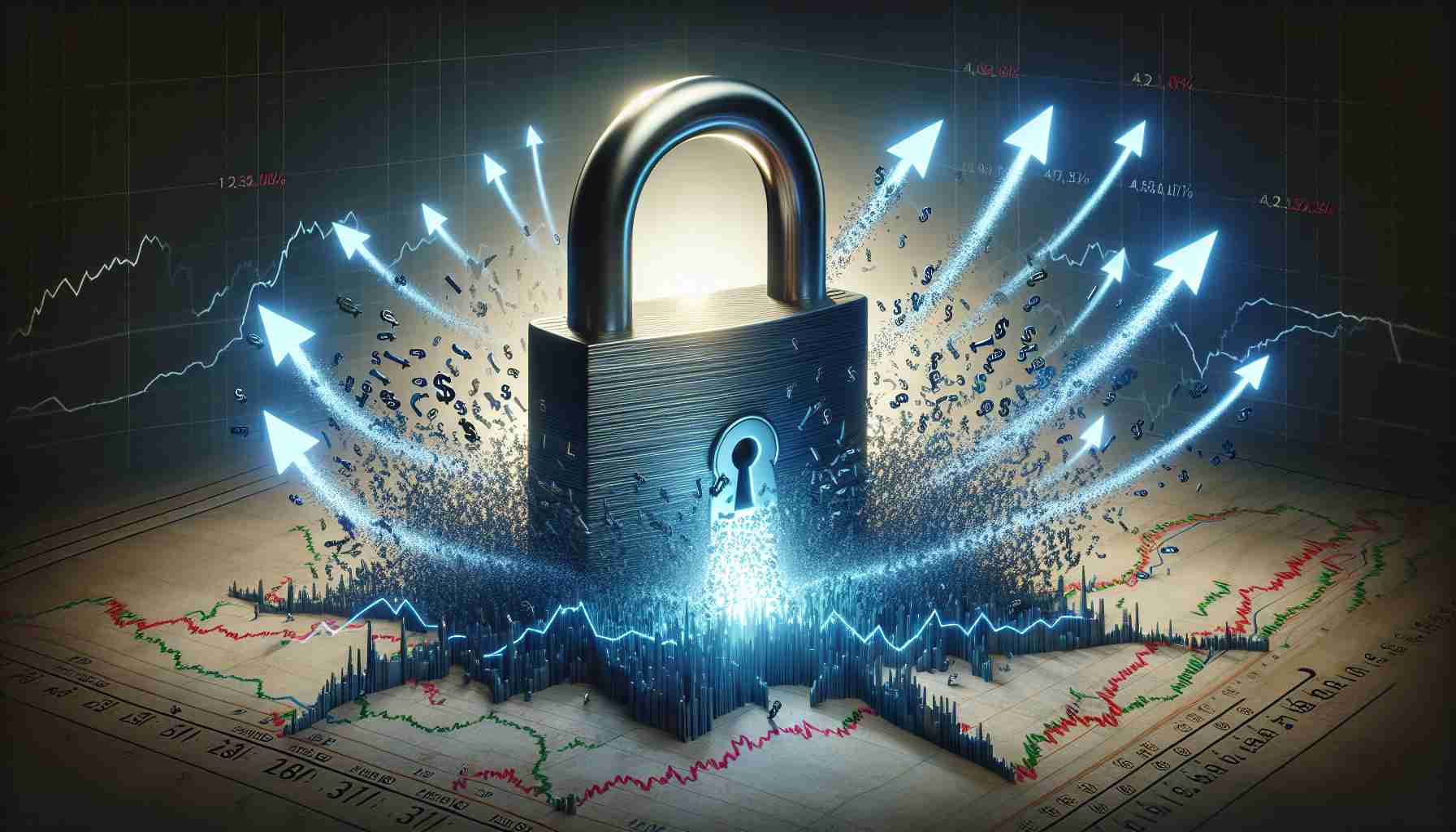 Create a high-definition, realistic image representing the concept of 'Unlocking Massive Gains', visually implying the discovery of hidden stocks set to soar. The scene can feature a massive padlock opening to release a swarm of soaring arrows, representative of stock trend lines, against the background of a stock market graph.