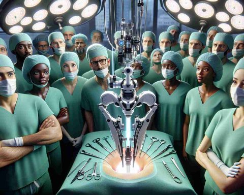 A high-definition, realistic image showing the future of hip arthroscopy using new innovative technology. The scene captures a medical operating room setup with advanced instruments that represent the new technology. Various surgeons are present, wearing green scrubs, expressing a mix of awe, curiosity, and determination, reflecting their readiness to embrace this revolution in treatment. Remember, surgeons can be of varying descents and genders like Caucasian female, Black male, Hispanic female, Middle-Eastern male, etc. Don't forget to illustrate the intense focus and concentration in their eyes.