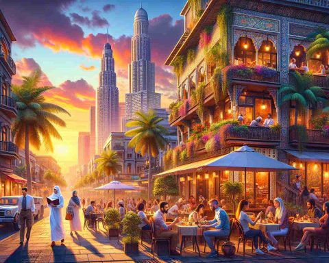 Create a hyper-realistic high-definition image capturing the vibrant essence of expat life in Angeles City. The scene should depict a lively street bustling with cultural activity, a blend of local and foreign influences. Highlight an open-air café populated with individuals of different descents - Middle-Eastern man enjoying a local delicacy, White woman reading a book, and a South Asian individual sipping coffee. Ensure to include subtropical vegetation and architectural elements that showcase the city's urban development framed against the backdrop of a radiant sunset casting an enchanting glow over the city