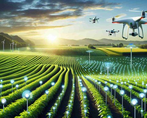 Create a hyper-realistic, high-definition image that showcases the revolution within farming techniques. This new-age farming features a surge of various sensors used for precision in agriculture. It could portray several sensors embedded within the fields tracking data such as soil moisture, temperature, and nutrient levels. A few drones might be hovered over the crops, equipped with cameras and sensors for remote sensing and capture a birds-eye view of the green fields. Let the scene vividly encapsulate a transformative shift in farming towards greater sustainability, efficiency, and productivity.