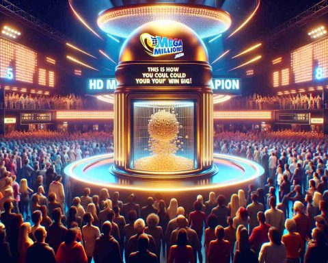 Create a hyper realistic HD image that showcases an exciting setting. Depict a large gleaming golden lottery machine in the center, surrounded by a vibrant crowd of anticipatory people of various descents and genders, all eagerly waiting. Above the machine, in bold 3D letters, the words 'This is How You Could Win Big!' and 'The Mega Millions Jackpot Awaits' are floating, emblazoned with lights. The ambiance is festive and filled with lights in contrasting colors to add to the excitement. The focus is on the overall atmosphere of anticipation and exuberant hope.