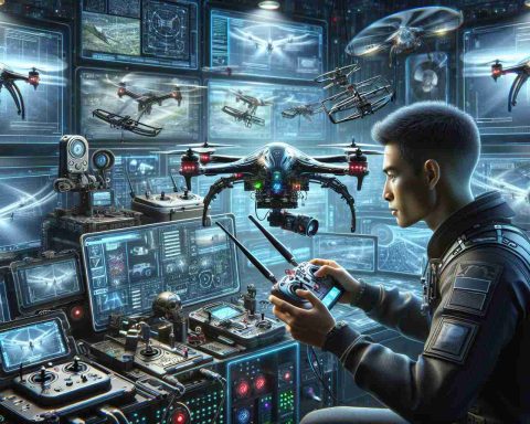 A highly detailed and realistic illustration of a drone pilot. The scene is futuristic, showcasing the advancement of aerial creativity. There is a diverse array of objects and gadgets associated with piloting drones. The drone pilot, an East Asian man, is keenly focused on the multiple screens in front of him, displaying various feeds and data. He holds a complex remote controller, manipulating it proficiently. The background is filled with high-tech paraphernalia related to drones. LEDs flicker, screens glow, presenting an engaging view of the exciting future of drone technology.