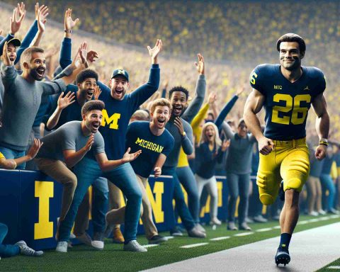 Realistic HD photo featuring a surprise visitor at a Michigan Football game. The visitor, a fit and athletic individual with star player demeanor, can be seen on the field amidst the excitement. The scene includes ecstatic fans in the stands, their expressions conveying disbelief and anticipation.