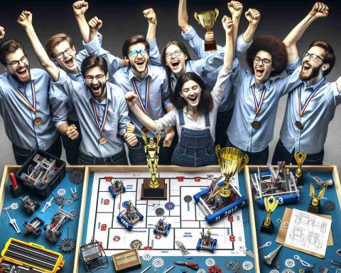 Create a high-definition, realistic image of a victorious robotics team that has dominated a competition. The team consists of members of varying descents like Caucasian, Hispanic, and South Asian. They are surrounded by three trophies, symbolizing the three titles they won. Joy and exhilaration can be seen on their faces as they celebrate their victory amidst the chaos of scattered robot parts, custom-made toolboxes and blueprints of robot designs.