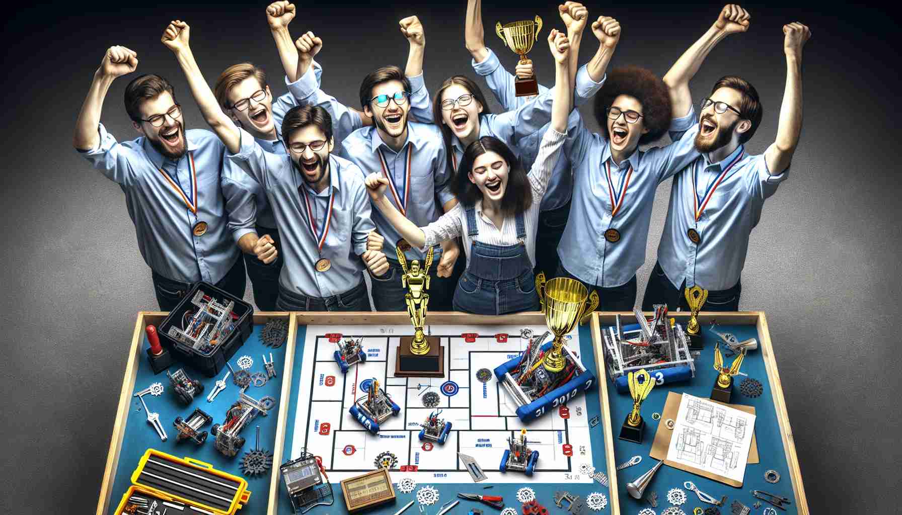 Create a high-definition, realistic image of a victorious robotics team that has dominated a competition. The team consists of members of varying descents like Caucasian, Hispanic, and South Asian. They are surrounded by three trophies, symbolizing the three titles they won. Joy and exhilaration can be seen on their faces as they celebrate their victory amidst the chaos of scattered robot parts, custom-made toolboxes and blueprints of robot designs.