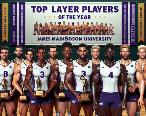 An ultra high-definition, realistic image depicting outstanding volleyball players of the year from a generic university, not specific to James Madison University. The scene should feature a diverse group of athletes, fit and in uniform, proudly holding their trophies or certificates, with a big banner in the background reading 'Top Players of the Year'. The athletes should be from various descents - Caucasian, Hispanic, Black, Middle-Eastern, South Asian, to show diversity and inclusion in the sport.