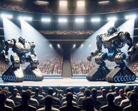 High definition realistic image of a futuristic Robotics Showdown, a grand tournament of innovation. The scene depicts an enormous auditorium filled with enthusiastic spectators of various descents and genders. In the spotlight, two unique robots are positioned, ready to show their prowess and unique features. One robot can be seen as humanoid and the other as a mechanical beast. The humanoid bot, operated by a Middle-Eastern female engineer, is sleek and streamlined, designed for speed and agility. The mechanical beast, controlled by a Caucasian male inventor, is built for strength, equipped with large mechanical arms and tank-like treads. The excitement in the air is palpable as they prepare to face off.