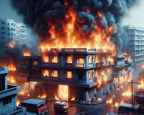 A realistic, high-definition image depicting an intense scene in Hyderabad where a workshop is ablaze with fire, the flames dramatically consuming the building. Despite the severity of the fire, there is a sense of relief and hope as it is communicated that no lives were lost in this fiery scare.