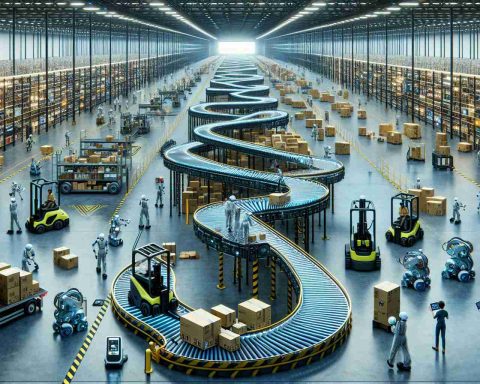 An ultra-high-definition, realistic image of future warehouses revolutionized by robotics. In the vast, well-lit expanse, a glimpse of the future is evident. Winding conveyer belts carrying assorted packages, seamlessly move around while a variety of robots conduct different tasks. Autonomous forklift robots zip around with agility, carrying heavy boxes to designated storage racks. Robotic arms with precision, pick and pack items while wheeled robots transport them across the warehouse. Men and women of varied descents, wearing protective gear and monitoring screens, oversee the operations and program the robots ensuring smooth performance. The image adeptly showcases the fusion of human intellect and artificial intelligence.