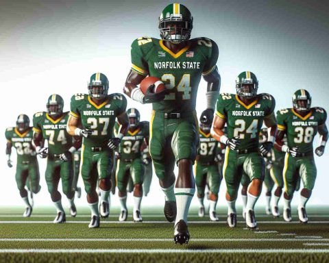 A high-definition, realistic image of a iconic unidentified football player, assumedly taking the leadership role, at the forefront of a collegiate football field. This team resembles the Norfolk State Football team. Implicit in this moment is a sense of turning point and renewed optimism for the team's future. The unidentified player is African American, muscular and wearing the football gear, including helmet, with the green and gold colors of Norfolk State.