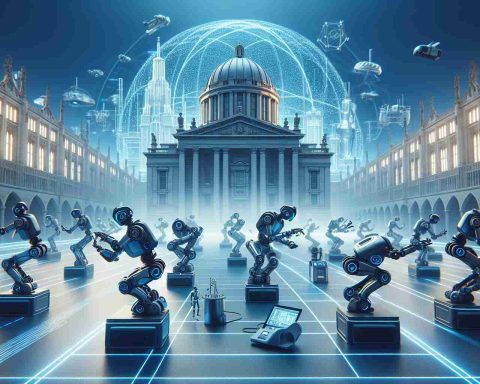 Create a high-definition, highly realistic image that portrays a revolution in robotics at a prominent academic location. The image should give a futuristic atmosphere. The scenery can include advanced robots demonstrating various cutting-edge technological capabilities, such as performing tasks autonomously, interacting with humans intelligently, or showing physical versatility. The backdrop should be an iconic architectural structure that signifies an esteemed university.