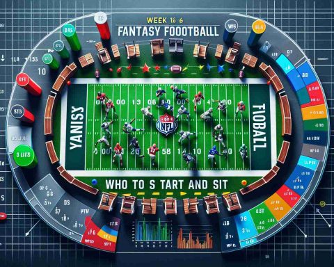 Create a realistic HD image representing the theme of 'Week 16 Fantasy Football: Who to Start and Sit'. The image should demonstrate the idea of making choices in a fantasy football game. Perhaps, illustrate a football field with various team positions highlighted, surrounded by a blend of strategy elements such as pie charts, bar graphs and arrows pointing at different aspects of the field. Avoid specific player depictions to maintain unbiased representation.