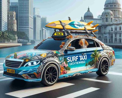 Create a high-definition, realistic image featuring a new take on taxi services - a surf-inspired taxi on wheels. Picture a traditional taxi cab that is intricately decorated with surfboard designs, beach-themed elements, and an overall tropical aesthetic. Imagine it cruising through a bustling city street, the stark contrast of its theme compared to the urban surroundings further emphasizing its unique concept. This is the Surf Taxi Revolution, 'Catch the Wave on Wheels'.