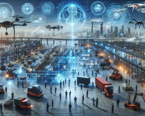 A realistic high-definition image depicting the future of supply chain industries, with a focus on technological innovations transforming the field. The scene should contain diverse technologically advanced devices such as drones, automated warehouses, robotics in operation, AI based software diagrams and holographs illustrating advanced data analytics, all set in an industrial backdrop. Include people of multiple descents and genders interacting with this technology, showcasing the global and diverse nature of the industry.