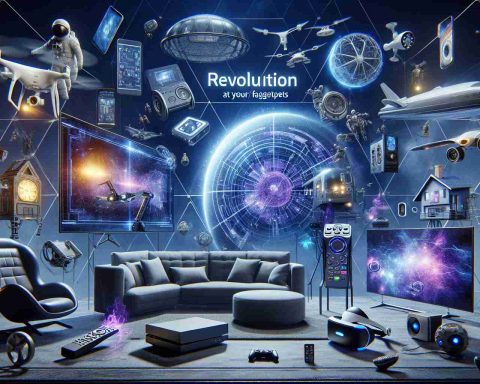 Create a detailed high definition image visualizing the concept of a revolution in home entertainment technologies set for the year 2024. The scene should show advanced devices, like new-gen gaming consoles, futuristic televisions, immersive VR headsets, and interactive smart home systems. The depiction should suggest transformative change, suggesting the phrase 'Revolution at your Fingertips'.