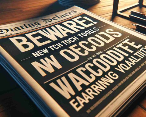 Realistic high-definition photograph of a headline reading 'Investors Beware! New Tech Tools Decode Earnings Volatility.' The photo emphasis on the sharpness of the letters and the vibrancy of the paper. Include the silhouette of a newspaper stand in the background to create a sense of place and time.