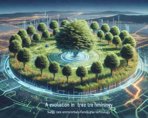 Generate a high definition, realistic image showcasing a revolution in tree trimming technology. This new method is based in China, situated in a basin area. The focus is on environmentally-friendly, green technology. Include scenes of lush, thriving trees optimally pruned using this innovative approach.