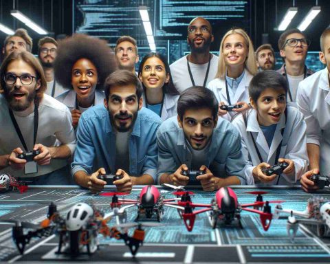 High definition realistic image of an energetic robotics team, made up of diverse genders and descents like Middle-Eastern males, Hispanic females, Caucasian and Black members, eagerly using advanced drones, defending their title. They are in a modern lab filled with technology and screens displaying complex codes and simulations. There's a palpable sense of anticipation, pointing towards a new era of innovation that awaits.