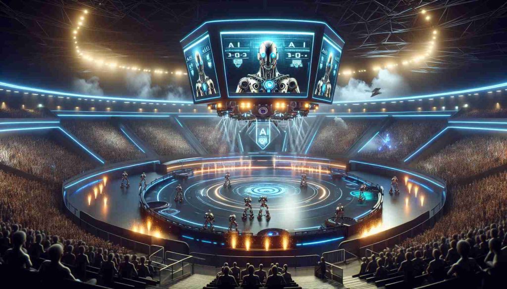 A high-definition, realistic image showing a new arena conceived for AI Gladiators. The setting should be futuristic, with sleek and advanced technology. Gladiators could be autonomous AI-controlled robots, designed with large, robust frames, high-tech weaponry, and amplified protection to withstand harsh battles. Random sparks and lights coming from hi-tech instruments, large, LED scoreboards displaying real-time data, fans cheering from stands that have been designed with a futuristic aesthetic. The atmosphere should be saturated with thrill, suspense and anticipation.