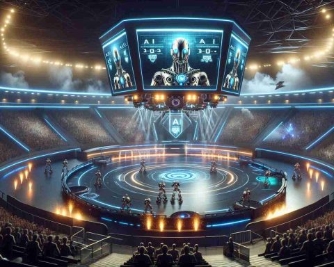 A high-definition, realistic image showing a new arena conceived for AI Gladiators. The setting should be futuristic, with sleek and advanced technology. Gladiators could be autonomous AI-controlled robots, designed with large, robust frames, high-tech weaponry, and amplified protection to withstand harsh battles. Random sparks and lights coming from hi-tech instruments, large, LED scoreboards displaying real-time data, fans cheering from stands that have been designed with a futuristic aesthetic. The atmosphere should be saturated with thrill, suspense and anticipation.